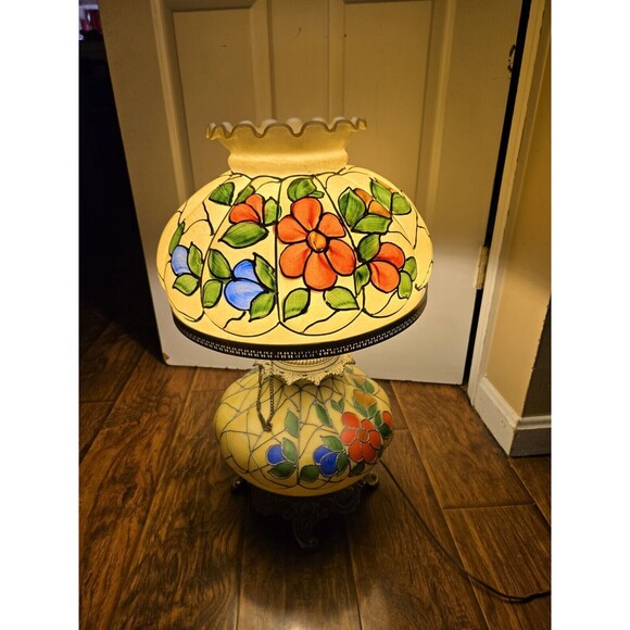 Vintage 23" Hurricane Tiffany Style Table Lamp Hand Painted Floral Gone W/ Wind - Picture 7 of 16